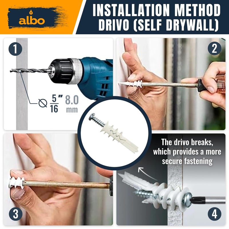 ALBO #8-100 pcs Self Drilling Drywall Anchor Set Hollow Wall with Screws (White Anchor 50pcs + Screws 50pcs) Plastic E-Z Ancor Kit - Image 3